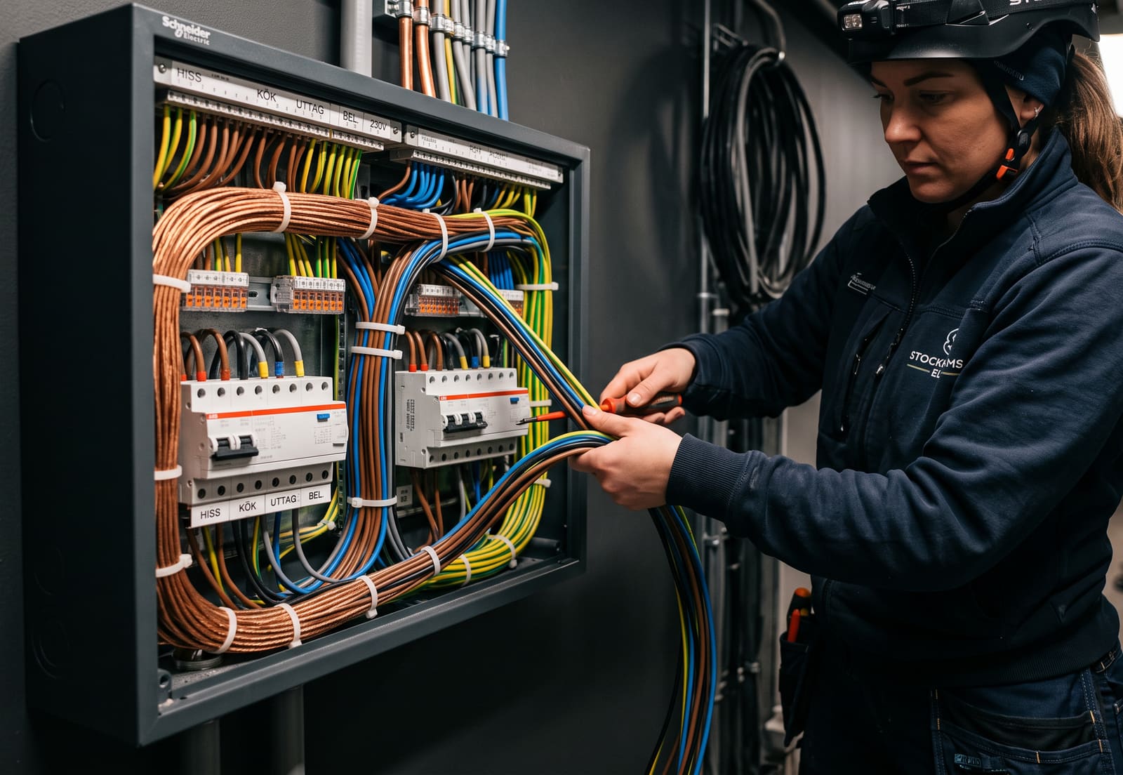 Elektriker arbetar med en elcentral i Stor-Stockholm