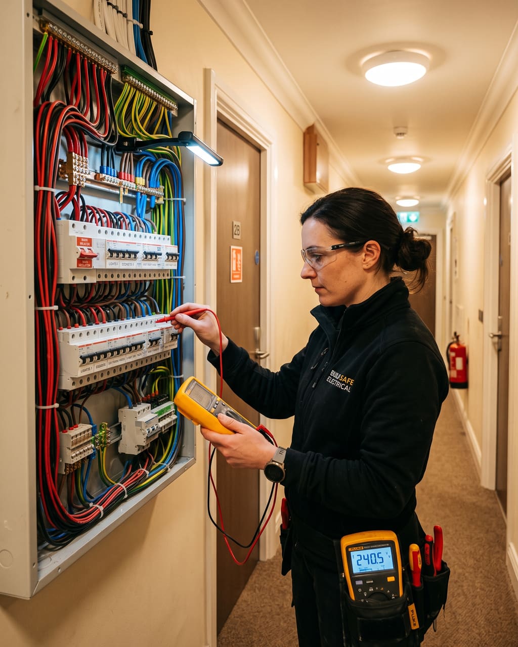 Elektriker servar en elcentral i en fastighet